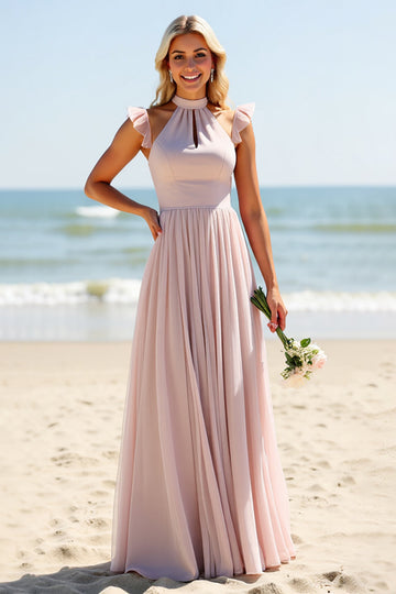 Candy Pink High Neck Chiffon Sheath Long Boho Bridesmaid Dress